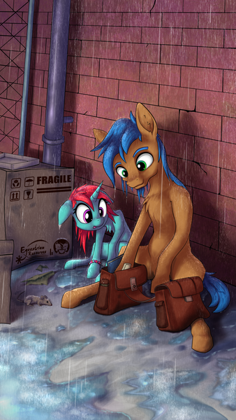 Size: 864x1536 | Tagged: safe, artist:calena, derpibooru import, oc, oc:dark steel, unofficial characters only, earth pony, pony, rat, unicorn, fanfic, bag, box, brick wall, earth pony oc, female, filly, fragile, horn, image, pipe, png, puddle, rain, saddle bag, unicorn oc