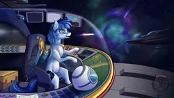 Size: 1536x864 | Tagged: safe, artist:calena, derpibooru import, oc, unofficial characters only, cockpit, glasses, image, male, nebula, png, radar, solo, space, spaceship, spacesuit, stars