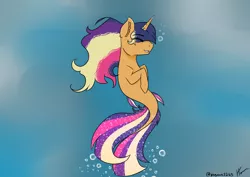 Size: 2912x2059 | Tagged: safe, artist:pegasus3265, derpibooru import, oc, merpony, pony, seapony (g4), unicorn, blue background, bubble, deviantart watermark, dorsal fin, eyes closed, fish tail, flowing mane, flowing tail, horn, image, jpeg, multicolored hair, obtrusive watermark, ocean, seaponified, simple background, smiling, solo, species swap, tail, teeth, underwater, water, watermark