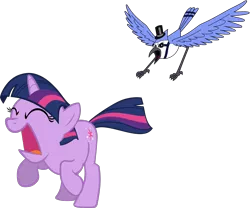 Size: 1800x1500 | Tagged: safe, artist:krazy3, derpibooru import, edit, twilight sparkle, bird, blue jay, pony, unicorn, crossover, duo, female, iacedrom, image, male, mare, png, regular show, running away, screaming, simple background, transparent background, unicorn twilight