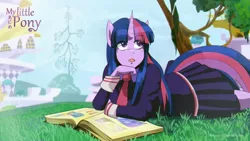 Size: 1953x1100 | Tagged: safe, artist:traupa, derpibooru import, twilight sparkle, anthro, unicorn, friendship is magic, anime, anime style, book, canterlot, clothes, image, jpeg, open mouth, scene interpretation, skirt, unicorn twilight