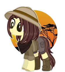 Size: 2125x2356 | Tagged: safe, artist:aurorakaufmann, derpibooru import, oc, oc:safari sunset, unofficial characters only, earth pony, pony, bandana, belt, boots, clothes, female, hat, image, mare, png, shirt, shoes, shorts, simple background, solo, transparent background