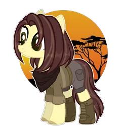 Size: 2125x2203 | Tagged: safe, alternate version, artist:aurorakaufmann, derpibooru import, oc, oc:safari sunset, unofficial characters only, earth pony, pony, bandana, belt, boots, clothes, female, image, mare, png, shirt, shoes, shorts, simple background, solo, transparent background