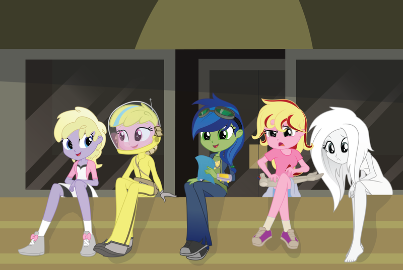 Size: 7457x5006 | Tagged: safe, artist:geekladd, derpibooru import, oc, oc:boo, oc:puppysmiles, oc:scotch tape, oc:serenity (fallout equestria: heroes), oc:silver bell, unofficial characters only, human, fallout equestria, fallout equestria: heroes, fallout equestria: pink eyes, fallout equestria: project horizons, equestria girls, amputee, barefoot, equestria girls-ified, fanfic art, feet, humanized, image, png, prosthetic limb, prosthetics, radiation suit