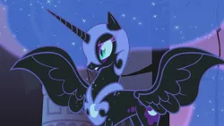 Size: 1920x1080 | Tagged: safe, derpibooru import, screencap, nightmare moon, alicorn, pony, friendship is magic, season 1, castle of the royal pony sisters, ethereal mane, female, image, jewelry, jpeg, regalia, solo, spread wings, starry mane, wings