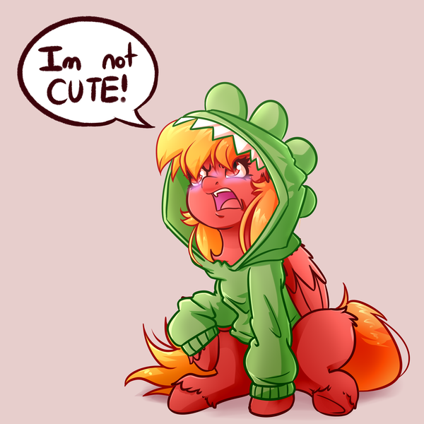 Size: 4000x4000 | Tagged: safe, artist:witchtaunter, derpibooru import, oc, pegasus, pony, angry, blatant lies, blushing, clothes, commission, dinosaur costume, female, hoodie, i'm not cute, image, png, simple background, sitting, solo, speech bubble, upset