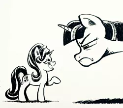Size: 1024x903 | Tagged: safe, artist:mellodillo, derpibooru import, starlight glimmer, twilight sparkle, twilight sparkle (alicorn), alicorn, pony, unicorn, black and white, female, frown, grayscale, grin, height difference, image, jpeg, looking at each other, mare, micro, monochrome, nervous, nervous grin, simple background, size difference, smiling, twilight is not amused, unamused, white background