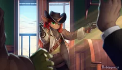 Size: 2840x1642 | Tagged: safe, artist:rublegun, derpibooru import, oc, unofficial characters only, anthro, unicorn, bar, clothes, commission, crepuscular rays, gloves, green eyes, gun, high res, image, indoors, offscreen character, pants, png, suit, weapon, wild west