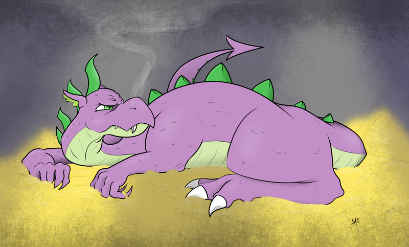 Size: 4776x2884 | Tagged: safe, artist:underwoodart, derpibooru import, spike, dragon, friendship is magic, gold, hoard, image, png, simple background, smoke, solo, updated