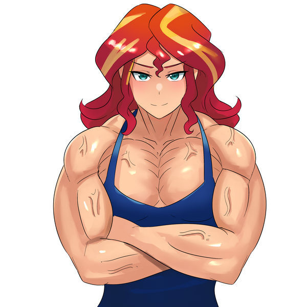 Size: 600x600 | Tagged: safe, artist:tzc, derpibooru import, sunset shimmer, human, equestria girls, blushing, buff, clothes, crossed arms, female, fetish, humanized, image, jpeg, looking at you, muscle fetish, muscles, muscular female, simple background, smiling, solo, sunset lifter, tanktop, vein, vein bulge, white background