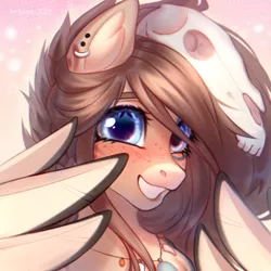Size: 2000x2000 | Tagged: safe, artist:fenwaru, derpibooru import, oc, oc:ondrea, pegasus, pony, wolf, background, blushing, braid, bust, face paint, feather, freckles, icon, image, long hair, png, portrait, skull, smiling, solo, spread wings, tall, thick, wings