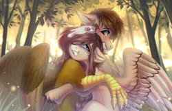 Size: 3400x2200 | Tagged: safe, artist:fenwaru, derpibooru import, oc, oc:ondrea, oc:swango, hippogriff, pegasus, pony, background, blushing, braid, bust, cute, face paint, feather, forest, freckles, hug, icon, image, long hair, png, portrait, skull, smiling, snuggling, spread wings, tall, thick, tree, wings