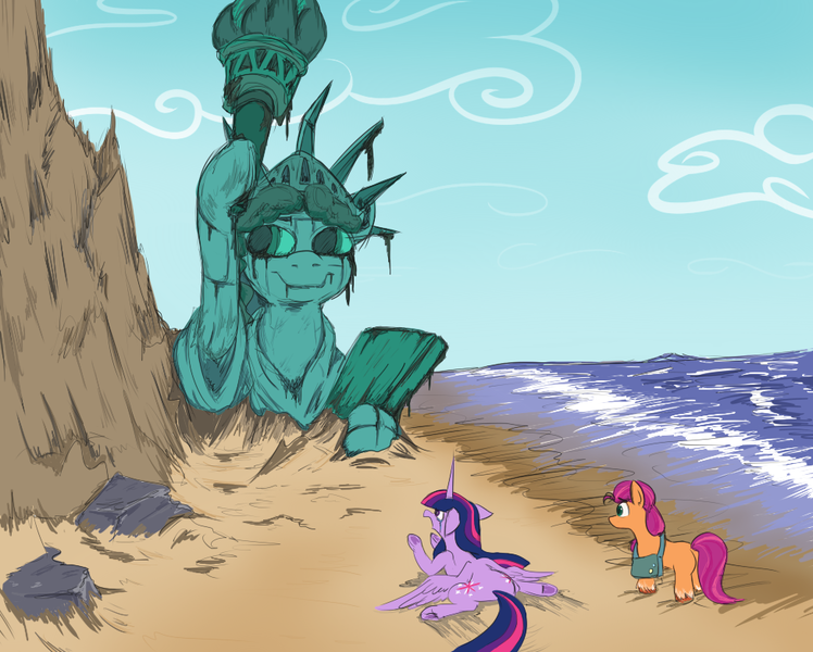 Size: 976x783 | Tagged: safe, artist:jargon scott, derpibooru import, sunny starscout, twilight sparkle, twilight sparkle (alicorn), alicorn, earth pony, pony, the last problem, beach, crying, damn you all to hell!, duo, female, g4, g5, image, mare, missing cutie mark, parody, planet of the apes, png, scene parody, statue of friendship, statue of liberty, you blew it up