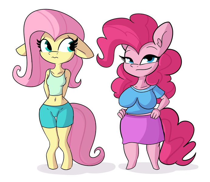 Size: 4147x3600 | Tagged: suggestive, artist:tjpones, derpibooru import, fluttershy, pinkie pie, anthro, earth pony, pegasus, unguligrade anthro, bedroom eyes, belly button, big breasts, breasts, busty pinkie pie, clothes, duo, duo female, explicit source, fat, female, floppy ears, hand on hip, height difference, high res, huge breasts, image, looking at you, midriff, png, pudgy pie, shortstack, simple background, skirt, tallershy, tanktop, white background, wide hips