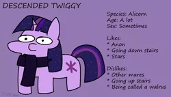 Size: 2656x1512 | Tagged: safe, artist:ionlydrawtwi, derpibooru import, twilight sparkle, pony, descended twilight, clothes, ethereal mane, female, image, mare, png, reference sheet, scarf, squatpony, standing, starry mane, style emulation, stylistic suck, twiggie