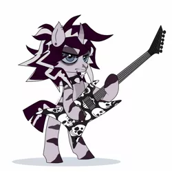 Size: 1500x1500 | Tagged: safe, artist:memories-ice, derpibooru import, oc, oc:shockrock, hybrid, unicorn, zebra, choker, commission, gift art, guitar, image, jpeg, musical instrument, piercing, playing instrument, punk, septum, skull, snake bites, solo, spiked choker, spikey mane, stripes