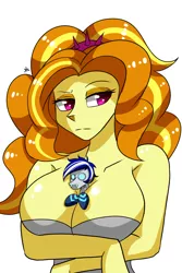 Size: 1600x2400 | Tagged: suggestive, artist:zachc, derpibooru import, adagio dazzle, oc, oc:ivislor, cyborg, cyborg pony, pony, equestria girls, between breasts, big breasts, breasts, busty adagio dazzle, canon x oc, cleavage, commission, female, image, png, size difference, tiny, tiny ponies