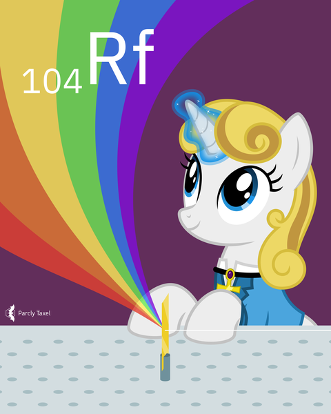 Size: 4000x5000 | Tagged: safe, artist:parclytaxel, derpibooru import, oc, oc:guiding light, unofficial characters only, pony, unicorn, series:joycall6's periodic table, .svg available, absurd resolution, ankh, chemistry, clothes, commission, experiment, female, image, jewelry, looking up, magic, magic aura, mare, necklace, periodic table, pink background, png, rainbow, rutherfordium, science, simple background, sitting, smiling, solo, suit, vector