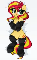 Size: 2334x3820 | Tagged: safe, artist:kittyrosie, derpibooru import, sunset shimmer, pony, unicorn, equestria girls, blushing, clothes, cute, heart, image, looking at you, png, sheet, shimmerbetes, socks, striped socks