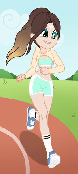 Size: 1160x2580 | Tagged: safe, artist:cindydreamlight, derpibooru import, oc, oc:cindy, equestria girls, clothes, hoodie, image, open-chest hoodie, png, running, shorts, solo, sports bra, sports shorts