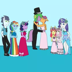 Size: 2048x2048 | Tagged: safe, artist:mintymelody, derpibooru import, apple bloom, rainbow dash, rarity, scootaloo, soarin', spike, sweetie belle, twilight sparkle, anthro, 1000 hours in ms paint, bridesmaid, bridesmaid dress, bridesmaids, clothes, dress, female, flower filly, flower girl, flower girl dress, image, kissing, male, png, scootaspike, shipping, straight