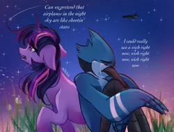 Size: 2048x1548 | Tagged: safe, artist:kaifu_ato, derpibooru import, twilight sparkle, anthro, pony, unicorn, aeroplanes and meteor showers, airplanes (song), crossover, crossover shipping, crying, female, image, jay, jpeg, male, mare, meme, mordecai, mordetwi, redraw mordetwi meme, regular show, shipping, song reference, straight
