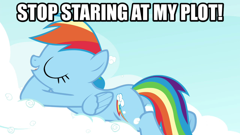 Size: 1280x720 | Tagged: safe, derpibooru import, edit, edited screencap, screencap, rainbow dash, pegasus, pony, season 4, testing testing 1-2-3, butt, caption, cloud, eyes closed, image, image macro, open mouth, plot, png, rainbutt dash, solo, text