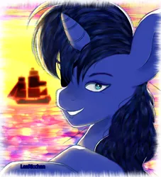 Size: 1000x1100 | Tagged: safe, artist:learicchan, derpibooru import, oc, unofficial characters only, pony, unicorn, bust, eyepatch, grin, horn, image, male, ocean, outdoors, pirate ship, png, ship, smiling, solo, stallion, unicorn oc