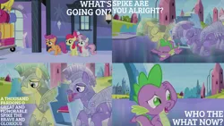 Size: 1280x720 | Tagged: safe, derpibooru import, edit, edited screencap, editor:quoterific, screencap, apple bloom, scootaloo, spike, sweetie belle, dragon, earth pony, pegasus, pony, unicorn, equestria games (episode), season 4, apple bloom's bow, armor, bow, crystal guard, crystal guard armor, cutie mark crusaders, eyes closed, female, filly, hair bow, image, jpeg, male, open mouth, stallion, train station