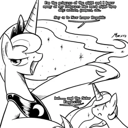 Size: 1000x1000 | Tagged: safe, artist:srmario, derpibooru import, princess celestia, princess luna, alicorn, pony, bedroom eyes, bust, dialogue, ethereal mane, female, hoof shoes, image, lineart, mare, monochrome, peytral, png, signature, starry mane