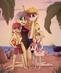 Size: 2500x3000 | Tagged: safe, artist:lionbun1, derpibooru import, fluttershy, oc, oc:clover, oc:golden horseshoe, oc:lucky charm, human, equestria girls, beach, beach ball, commission, cute, family, family photo, floaty, image, png, wholesome