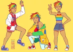 Size: 3600x2570 | Tagged: safe, artist:show-a-bit-of-teeth, derpibooru import, rainbow dash, hedgehog, human, alternate hairstyle, clothes, converse, female, grin, humanized, image, jersey, leggings, male, midriff, ok hand sign, open mouth, peace sign, png, shoes, shorts, simple background, smiling, sneakers, socks, solo, sonic the hedgehog, sonic the hedgehog (series), sports bra, sports shorts, tanktop, varsity jacket, yellow background