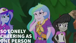 Size: 1280x720 | Tagged: safe, derpibooru import, edit, edited screencap, editor:quoterific, screencap, octavia melody, princess celestia, princess luna, equestria girls, legend of everfree, legend of everfree - bloopers, camp everfree outfits, female, image, jpeg, principal celestia, smiling, vice principal luna