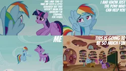 Size: 1280x720 | Tagged: safe, derpibooru import, edit, edited screencap, editor:quoterific, screencap, rainbow dash, twilight sparkle, twilight sparkle (alicorn), alicorn, pegasus, pony, season 4, testing testing 1-2-3, ^^, chalkboard, duo, duo female, excited, eyes closed, female, flying, glowing horn, golden oaks library, grin, horn, image, jpeg, library, magic, magic aura, mare, open mouth, smiling, telekinesis