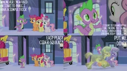 Size: 1280x720 | Tagged: safe, derpibooru import, edit, edited screencap, editor:quoterific, screencap, apple bloom, scootaloo, spike, sweetie belle, crystal pony, dragon, earth pony, pegasus, pony, unicorn, equestria games (episode), season 4, apple bloom's bow, armor, bow, crystal guard, crystal guard armor, cutie mark crusaders, eyes closed, female, filly, hair bow, image, male, png, smiling, stallion, train station