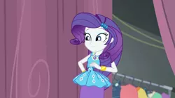 Size: 3410x1920 | Tagged: safe, derpibooru import, screencap, rarity, equestria girls, equestria girls series, rarity investigates: the case of the bedazzled boot, bracelet, clothes, cute, cutie mark, cutie mark on clothes, female, geode of shielding, hairpin, image, jewelry, jpeg, magical geodes, raribetes, rarity peplum dress, smiling, solo