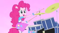 Size: 3410x1920 | Tagged: safe, derpibooru import, screencap, pinkie pie, equestria girls, rainbow rocks, better than ever, boots, clothes, cute, cutie mark, cutie mark on clothes, diapinkes, drum kit, drums, drumsticks, female, image, jpeg, musical instrument, open mouth, ponied up, shoes, smiling, solo