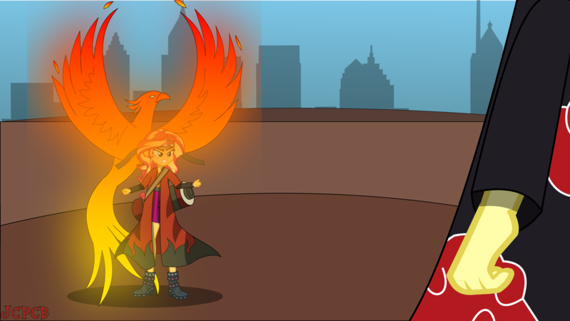 Size: 1921x1081 | Tagged: safe, artist:jcpreactyt, derpibooru import, sunset shimmer, phoenix, equestria girls, battlefield, city, cloak, clothes, coat, dirt, fire, glasses, ground, hair, headband, image, markings, naruto, naruto shippuuden, ninja, png, sage, scroll, sky, story included