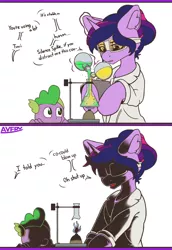 Size: 2076x3017 | Tagged: safe, artist:avery-valentine, derpibooru import, spike, twilight sparkle, dragon, pony, unicorn, bunsen burner, chemicals, erlenmeyer flask, flask, florence flask, goggles, image, implied explosion, jpeg, levitation, magic, soot, telekinesis