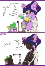 Size: 2076x3017 | Tagged: safe, alternate version, artist:avery-valentine, derpibooru import, spike, twilight sparkle, dragon, pony, unicorn, bunsen burner, chemicals, erlenmeyer flask, flask, florence flask, goggles, image, implied explosion, jpeg, levitation, magic, soot, spanish, telekinesis, translation