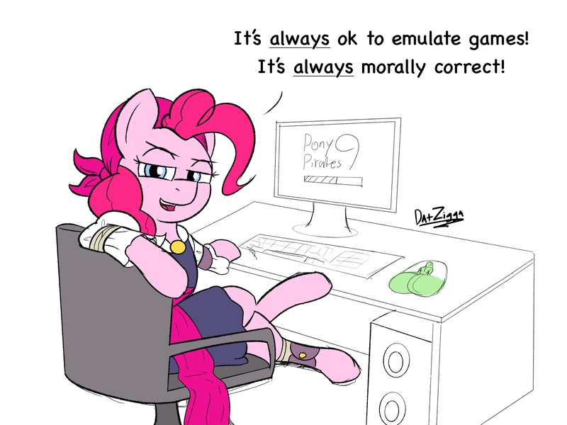 Size: 4098x3072 | Tagged: safe, artist:datzigga, derpibooru import, pinkie pie, earth pony, pony, computer monitor, desk, dialogue, image, lazytown, looking at you, pirate, png, you are a pirate