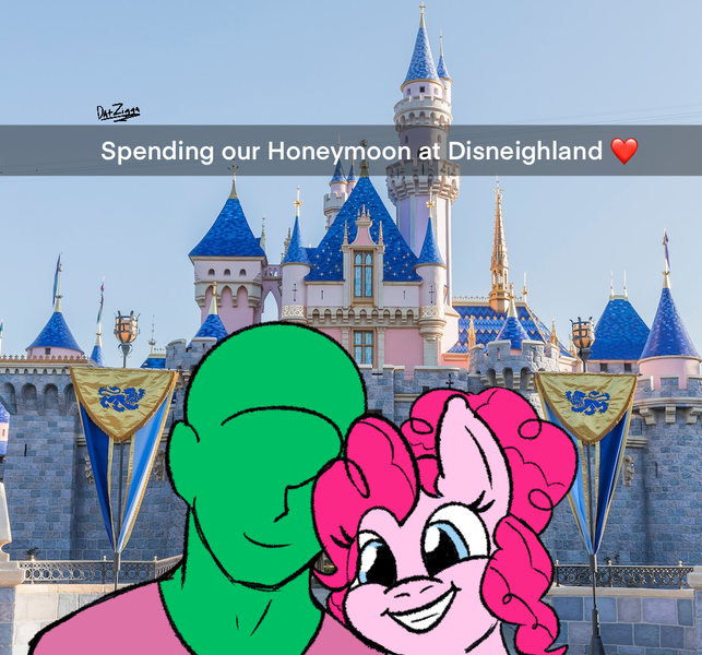 Size: 1012x945 | Tagged: safe, artist:datzigga, derpibooru import, pinkie pie, oc, oc:anon, earth pony, human, pony, disneyland, image, png, selfie, snapchat