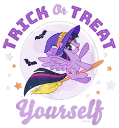 Size: 700x750 | Tagged: safe, derpibooru import, official, twilight sparkle, twilight sparkle (alicorn), alicorn, bat, pony, broom, cropped, design, female, flying, flying broomstick, full moon, g4, halloween, hat, holiday, image, mare, merchandise, moon, png, shirt design, simple background, solo, stars, text, transparent background, witch hat