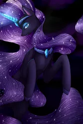 Size: 2000x3000 | Tagged: safe, artist:midfire, derpibooru import, nightmare rarity, pony, unicorn, black background, blue eyes, colored pupils, crown, ethereal mane, female, flowing mane, flowing tail, gem, glow, glowing horn, horn, image, jewelry, lidded eyes, looking at you, necklace, png, purple mane, regalia, simple background, smiling, solo, sparkles, starry mane