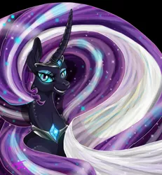 Size: 1800x1950 | Tagged: safe, artist:theneithervoid, derpibooru import, nightmare rarity, pony, unicorn, black background, blue eyes, colored pupils, crown, curved horn, deviantart watermark, ethereal mane, evil grin, eyelashes, female, flowing mane, gem, glow, grin, horn, image, jewelry, jpeg, long horn, looking at you, necklace, obtrusive watermark, purple mane, regalia, simple background, smiling, solo, sparkles, starry mane, teeth, watermark