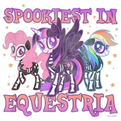 Size: 700x700 | Tagged: safe, derpibooru import, official, pinkie pie, rainbow dash, twilight sparkle, twilight sparkle (alicorn), alicorn, earth pony, pegasus, pony, bone, cropped, design, female, g4, halloween, holiday, image, mare, merchandise, png, shirt design, simple background, skeleton, stars, text, transparent background, trio