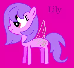 Size: 653x605 | Tagged: safe, artist:seanthedragonpony, derpibooru import, lily (g1), flutter pony, pony, cute, female, g1 lilybetes, g1 to g4, g4, generation leap, image, magenta background, mare, png, purple text, simple background, text, wings