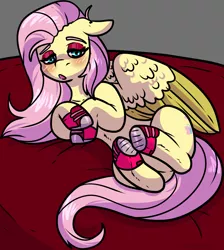 Size: 1536x1711 | Tagged: suggestive, artist:sexygoatgod, derpibooru import, fluttershy, pegasus, pony, bed, bedroom eyes, clothes, converse, female, image, png, shoes, solo