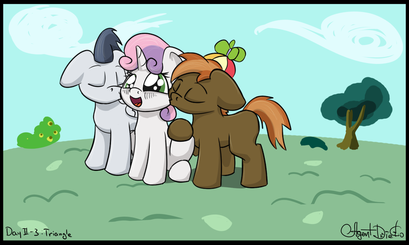 Size: 1527x915 | Tagged: safe, artist:agent-diego, derpibooru import, button mash, rumble, sweetie belle, pony, bisexual, colt, digital art, female, filly, gay, image, kissing, male, png, polyamory, rumbellemash, shipping, straight