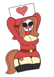 Size: 1938x2778 | Tagged: suggestive, artist:sparkfler85, derpibooru import, oc, oc:flani bainilye, unofficial characters only, anthro, shy guy, belt, big breasts, blushing, breasts, cleavage, clothes, costume, cutie mark, derpibooru exclusive, female, freckles, heart, image, mask, panties, png, shy gal, sign, simple background, solo, solo female, super mario bros., thick, underwear